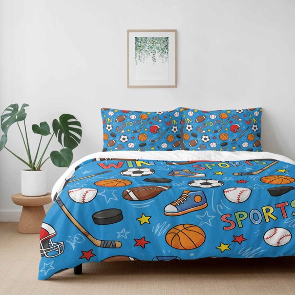 Football Basketball Rugby Baseball on Blue California King Size Bed Set,Win Sports Bedding for All Seasons,4 Pcs Bed Set with 1 Quiltcover (96"x104"),1 Sheet (110"x98"),2 Pillowcases (20"x36")