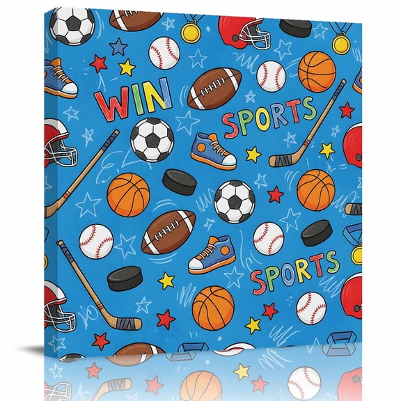 Football Basketball Rugby Baseball on Blue Canvas Artwork Painting Art, Win Sports Square Framed Wall Decorations Prints Picture for Bedroom Kitchen Living Room, 8x8 in