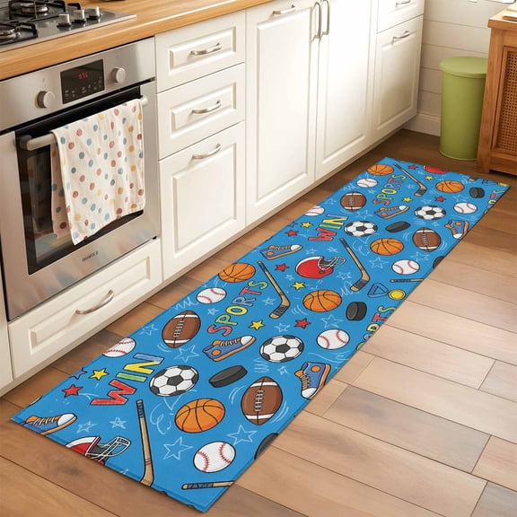 Football Basketball Runner Rugs 2x6 ft Rugby Baseball Sport Shoes Helmet Win Blue Washable Hallway Rugs Non-Slip Floor Mats Absorbent Carpet Bedside Runners for Bedroom Kitchen Bathroom Laundry Room