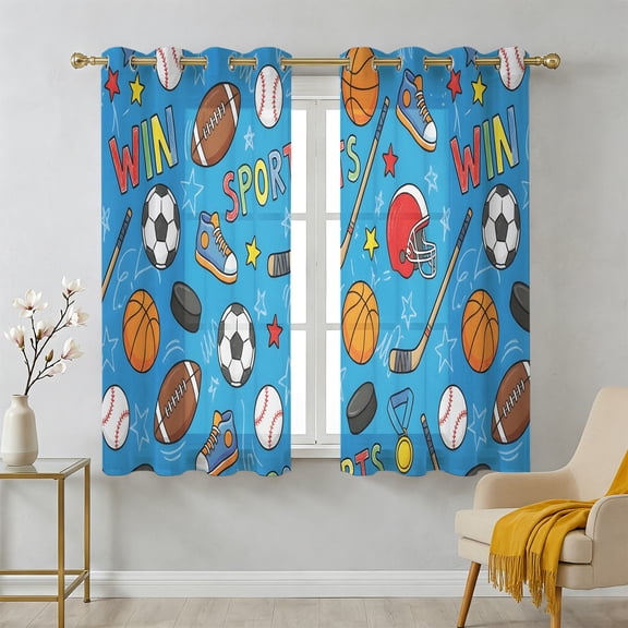 Football Basketball Sheer Curtains 39 Inch Long 2 Panels, Rugby Baseball Sport Shoes Helmet Win Blue Light Filtering Semi Sheer Drapes Grommet Voile Window Curtain for Living Bedroom W27.9 x L39