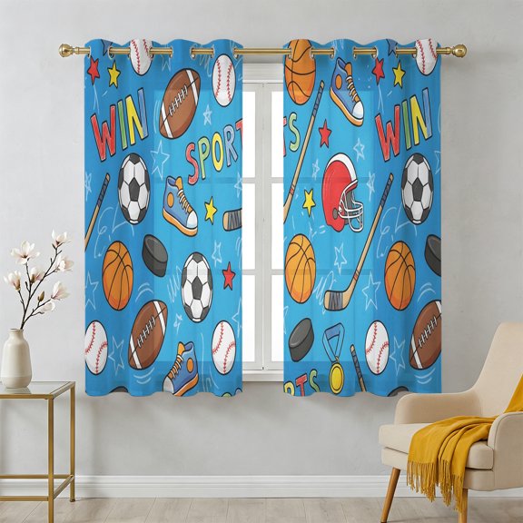 Football Basketball Sheer Curtains 45 Inch Long 2 Panels, Rugby Baseball Sport Shoes Helmet Win Blue Light Filtering Semi Sheer Drapes Grommet Voile Window Curtain for Living Bedroom W42 x L45