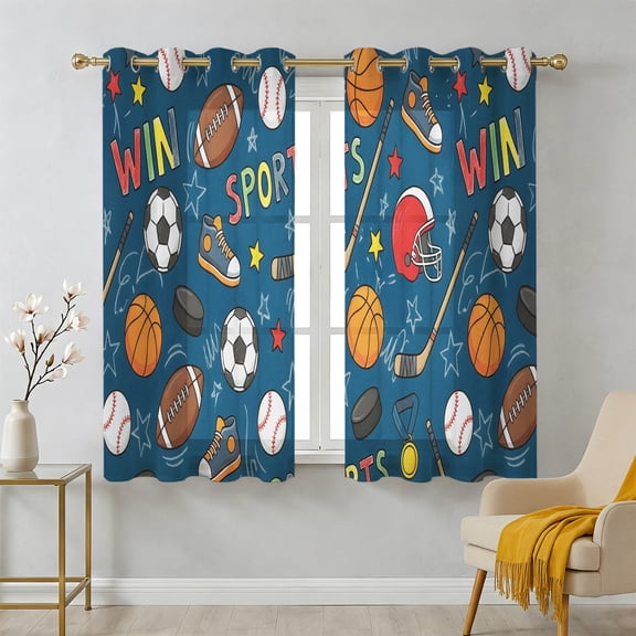 Football Basketball Sheer Curtains 45 Inch Long 2 Panels, Rugby Baseball Sport Shoes Helmet Win Navy Light Filtering Semi Sheer Drapes Grommet Voile Window Curtain for Living Bedroom W42 x L45