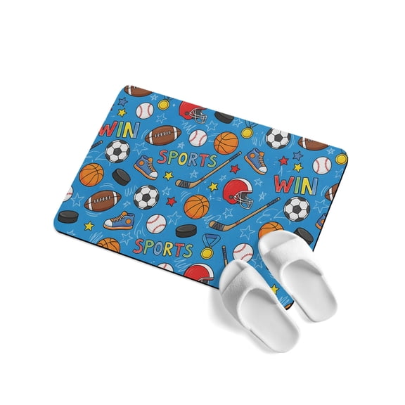 Football Basketball Soft Diatomaceous Earth Mat, Rugby Baseball Sport Shoes Helmet Win Blue Absorbent Bath Mat Non Slip Rubber Backed Quick Dry Doormat Fit Under Door for Bathroom Kitchen 16"x24"