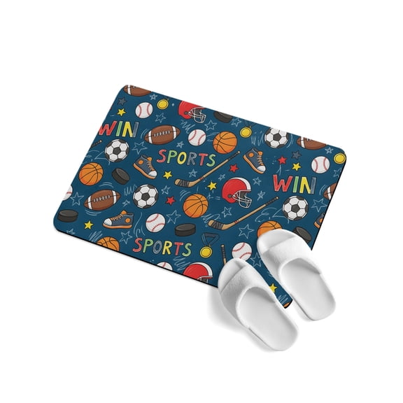 Football Basketball Soft Diatomaceous Earth Mat, Rugby Baseball Sport Shoes Helmet Win Navy Absorbent Bath Mat Non Slip Rubber Backed Quick Dry Doormat Fit Under Door for Bathroom Kitchen 18"x30"