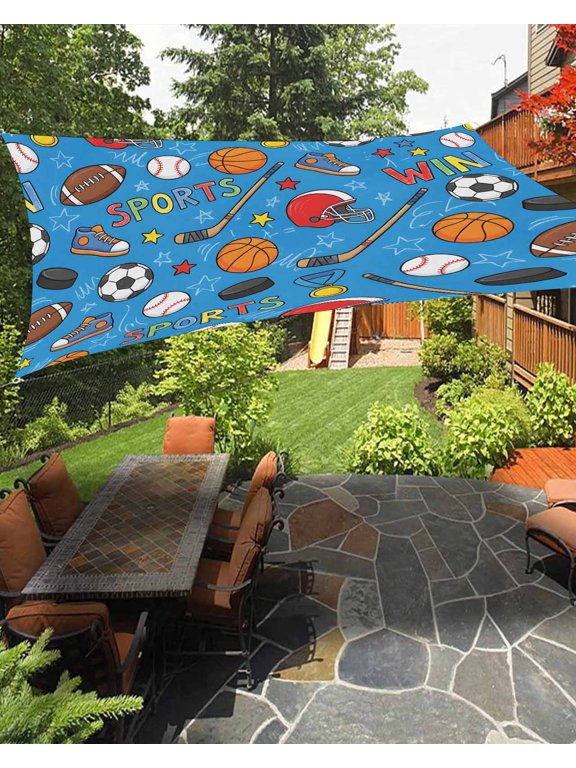 Football Basketball Sun Shade Sail 14'X18' Rugby Baseball Sport Shoes Helmet Win Blue UV Block Outdoor Sail Shades Breathable Waterproof Rectangular Sunshade for Patio Garden Pool Pergola Porch