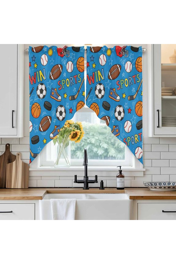 Football Basketball Swag Curtain Valance for Windows, Rugby Baseball Sport Shoes Helmet Win Blue Window Treatments Short Swag Topper for Kitchen Windows Bathroom Bedroom, 28"x36"