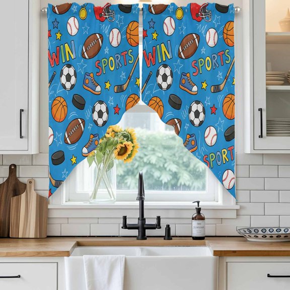 Football Basketball Swag Curtain Valance for Windows, Rugby Baseball Sport Shoes Helmet Win Blue Window Treatments Short Swag Topper for Kitchen Windows Bathroom Bedroom, 36"x36"
