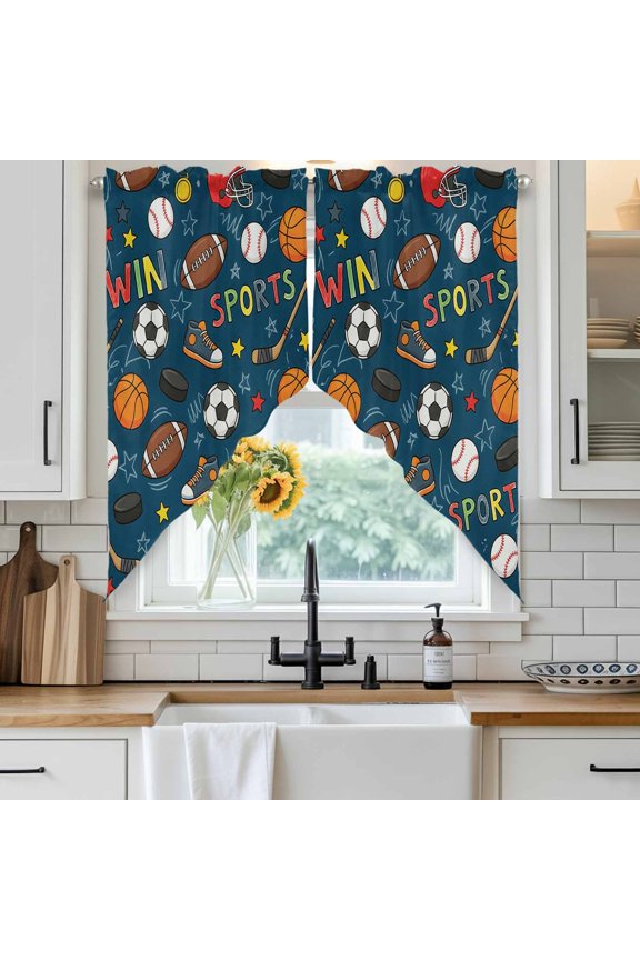 Football Basketball Swag Curtain Valance for Windows, Rugby Baseball Sport Shoes Helmet Win Navy Window Treatments Short Swag Topper for Kitchen Windows Bathroom Bedroom, 36"x36"