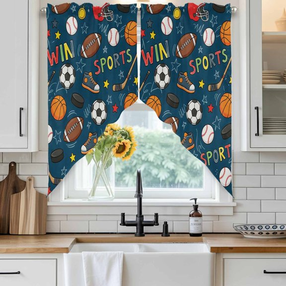Football Basketball Swag Curtain Valance for Windows, Rugby Baseball Sport Shoes Helmet Win Navy Window Treatments Short Swag Topper for Kitchen Windows Bathroom Bedroom, 36"x36"