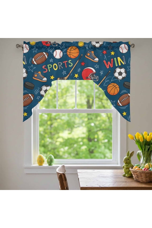 Football Basketball Swag Valances for Kitchen Window, Rugby Baseball Sport Shoes Helmet Win Navy Small Swag Valances Rod Pocket Curtain Drapes Window Treatment for Bedroom Bathroom, 56x36 Inch