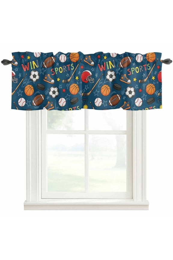 Football Basketball Valances for Windows Rugby Baseball Sport Shoes Helmet Win Navy Rod Pocket Curtain Valance Window Treatment Short Curtains for Kitchen Living Room, 42"x12"