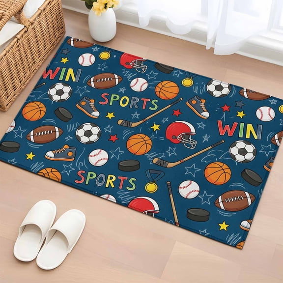 Football Basketball Washable Small Entryway Area Rugs 2'x3', Rugby Baseball Sport Shoes Helmet Win Navy Low Pile Throw Rug Non-Slip Sturdy Edge Binding Carpet for Front Door Floor Room Entry