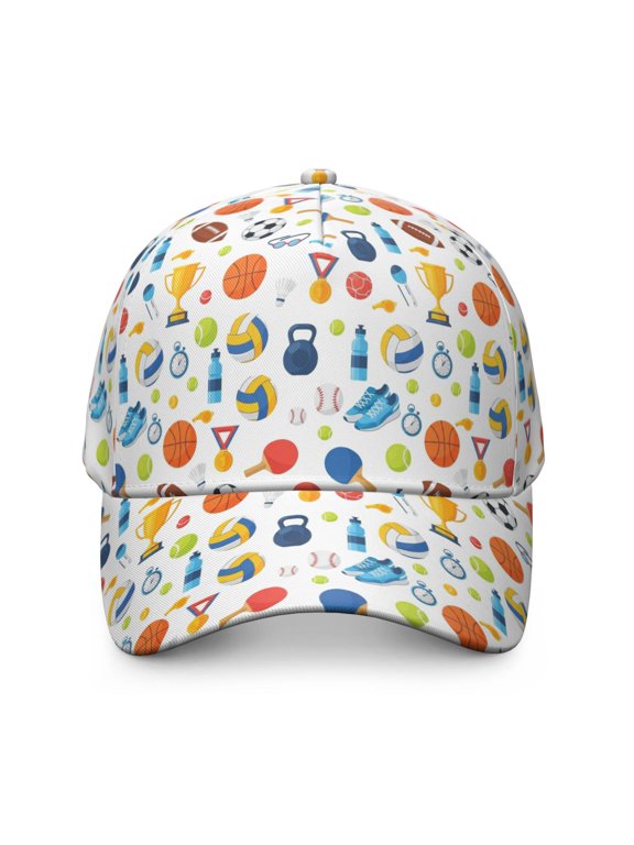 Football and Basketball White Pattern Baseball Cap, Sports Sun Cap with Snap Closure & Sweatband, Breathable Eyelets Gifts for Birthday Christmas Thanksgiving