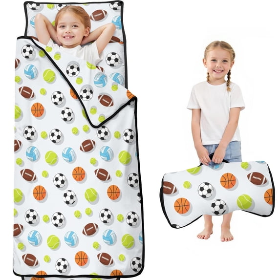 Football and Basketball White Pattern Kids Nap Mat, Sleeping Mat with ...
