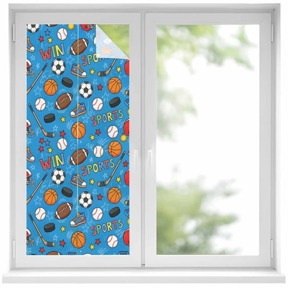Football Basketball Window Privacy Film, Rugby Baseball Sport Shoes Helmet Win Blue Frosted Glass Window Clings Static Cling UV Heat Blocking Reusable Door Sticker for Bathroom 19.6 x 39.3 Inch