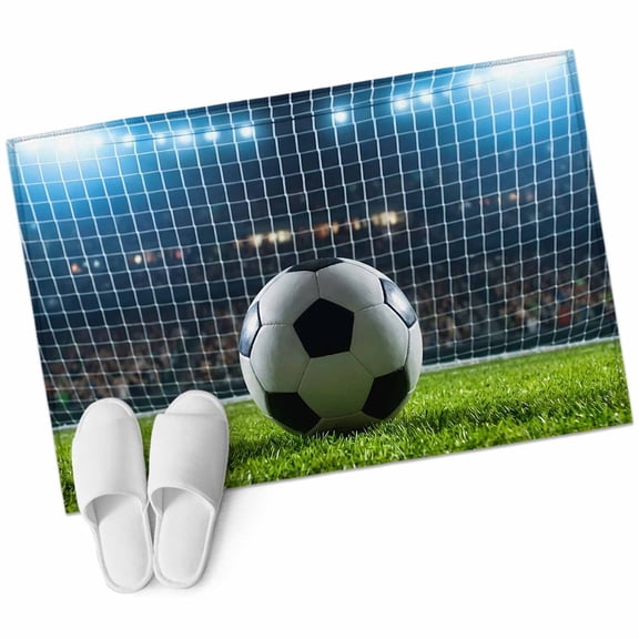 Football Bathroom Rug Washable 2x3 Entryway Rug Non Slip Soccer Ball Sports Net Mesh Evening Match Front Door Mat Low Pile Indoor Doormat Throw Floor Carpet for Kitchen Bedroom Entrance