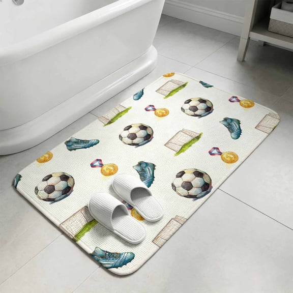 Football Bathroom Rugs Non Slip Washable Bath Mat Absorbent Low Pile Front Door Mat Gold Medal Soccer Sports Indoor Doormat for Kitchen Entryway Shower Decor Accessories 15.7"x23.6"