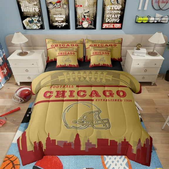Football Bed in a Bag Twin 7 Piece,Sports Bedding Sets,American Football Fans Bed Set Rugby Player Honey Yellow Red Comforter Set with Sheets Football Lovers Sheets (Chicago)