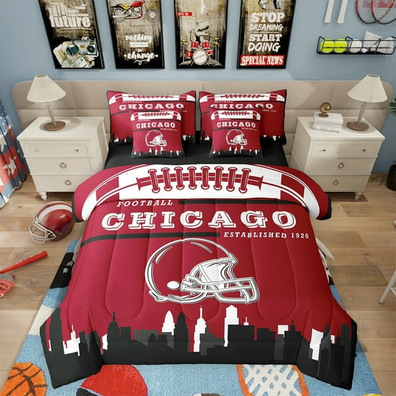 Football Bed in a Bag Twin 7 Piece,Sports Bedding Sets,American Football Fans Bed Set Rugby Player Rose Pink Red Comforter Set with Sheets Football Lovers Sheets (Chicago)