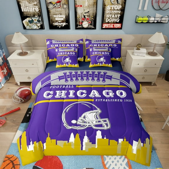 Football Bed in a Bag Twin 7 Piece,Sports Bedding Sets,American Football Fans Comforter Set with Sheets Rugby Player Blue Purple Bed Set Football Lovers Sheets (Chicago)