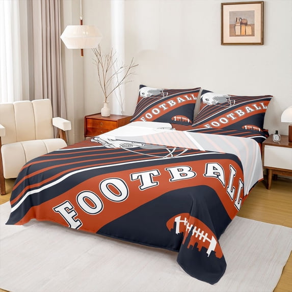 Football Bed Sheets Set American Football Sports Decor Sheets King, 3D Ball Games Sheet Set Teens Bedroom, Navy Blue and Terra Cotta (Chicago)