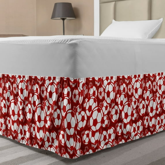 Football Bed Skirt, Sportive Design of Soccer Balls Game Teamwork Ambitious Collaboration, Elastic Bedskirt Dust Ruffle Wrap Around for Bedding Decor, 4 Sizes, Ruby Pale Salmon White, by Ambesonne