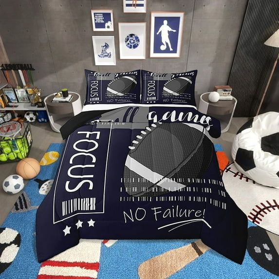 Football Bedding Set Full Size Rugby Sports Comforter Sets Teens,Dark Blue Football Down Comforter Sports Theme Gaming Quilt Bed Set Room Decor with 2 Pillowcases