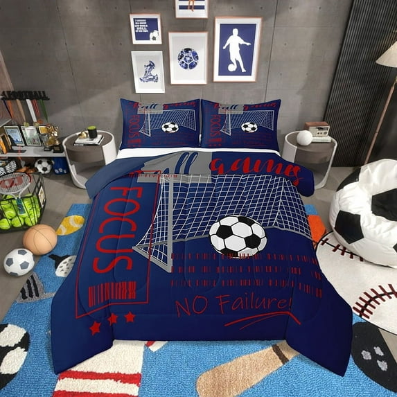 Football Bedding Set Full Size Soccer Sports Comforter Sets Teens,Red Blue Ball Gaming Quilt Bed Set Football Court Down Comforter Room Decor with 2 Pillowcases
