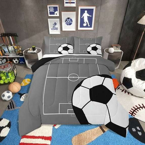 Football Bedding Set Queen Size Soccer Comforter Set Teens,Sports Theme Down Comforter Gray Ball Gaming Quilt Bed Set Football Bedroom Decor with 2 Pillowcases