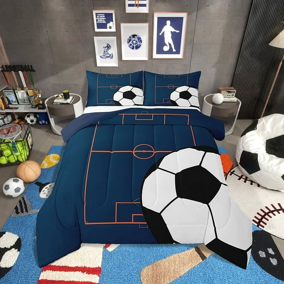 Football Bedding Set Soccer Comforter Set,Sports Theme Down Comforter Orange Blue Ball Gaming Quilt Bed Set Football Bedroom Decor with 1 Pillowcase