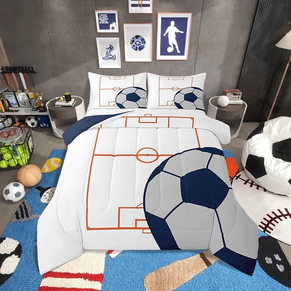 Football Bedding Set Twin Size Soccer Comforter Set Teens,Orange White Sports Themed Quilt Bed Set Football Field Bed Comforter Sets Room Decor with 1 Pillowcase