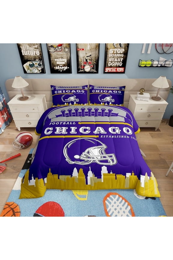 Football Bedding Sets Full,Sports Comforter Set,American Football Fans Down Comforter Rugby Player Blue Purple Bedding Comforter Sets