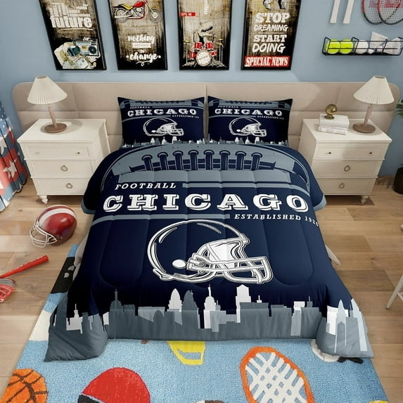 Football Bedding Sets Full,Sports Comforter Set,American Football Fans Down Comforter Rugby Player Navy Blue Gray Bedding Comforter Sets
