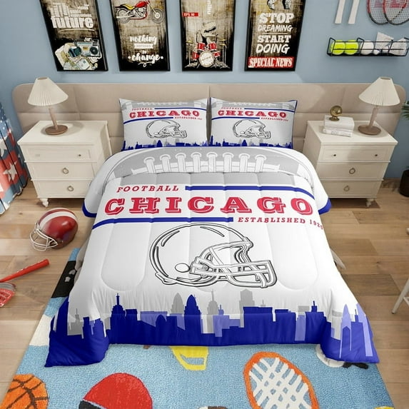 Football Bedding Sets King,Sports Comforter Set,American Football Fans Down Comforter Rugby Player Blue White Bedding Comforter Sets