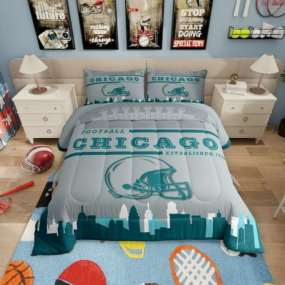 Football Bedding Sets Queen,Sports Comforter Set,American Football Fans Down Comforter Rugby Player Teal Gray Bedding Comforter Sets