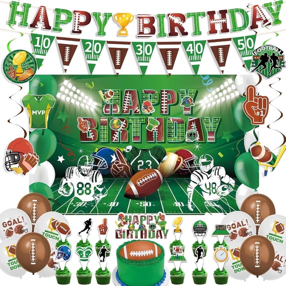 Football Birthday Party Decorations, 55PCS American Football Themed Birthday Banner Triangle Flag Hanging Swirls Cake Topper Cupcake Toppers Backdrop, Green Rugby Happy Birthday Backdrop for Kids