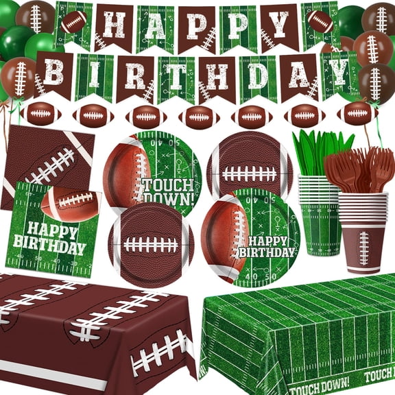 Football Birthday Party Decorations Includes Plates, Napkins, Cups, Banner, Balloons, Touchdown Tablecloth for Football Birthday & Tailgate Party Decorations, Serves 24 Y114