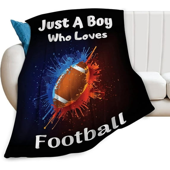 Football Blanket Just A Boy Who Loves Football Throw Blankets for Boys Men Super Soft Flannel Cozy Blankets Warm Lightweight Fleece Sports Blanket for Sofa Couch Bed Gift for Kids Adults 60"x50"