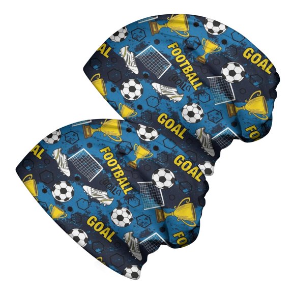 Football and Boot Navy Pattern 2 Pack Slouchy Beanie Hat, Sleep Head Cover with Stretchy Fabric & Soft Texture, Heat Retaining Gifts for Unisex Men Women
