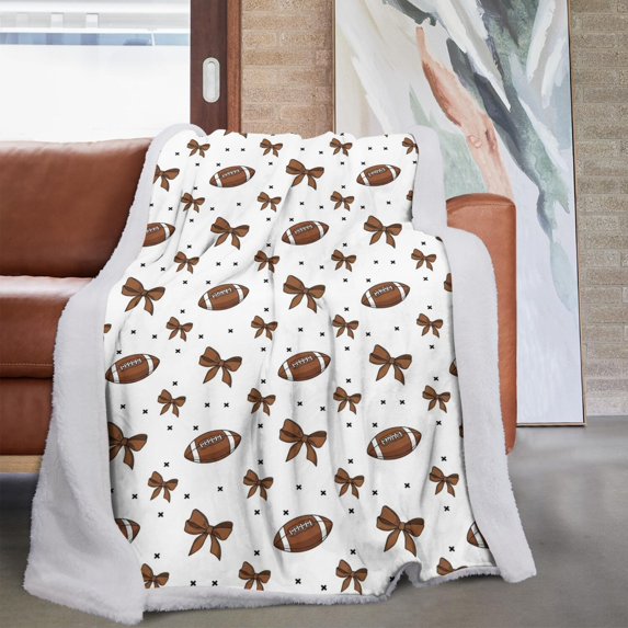Football Bow Brown Pattern Soft Sherpa Fleece Throw Blanket, Warm Cozy Plush Blanket for Sofa Bed Couch, All Season, 60"x80"