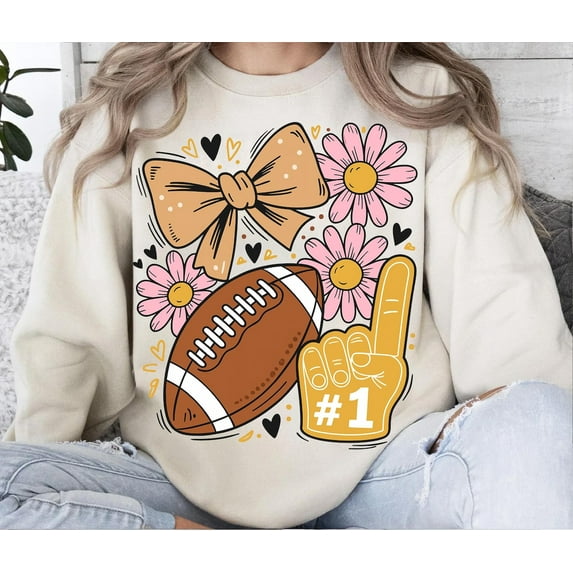 Football Bow , Cute Game Day Sublimation Design, Pastel Flowers Football , Cheer Mom Shirt , Fall Sports Season Clipart SWEATSHIRT All Size S-5XL