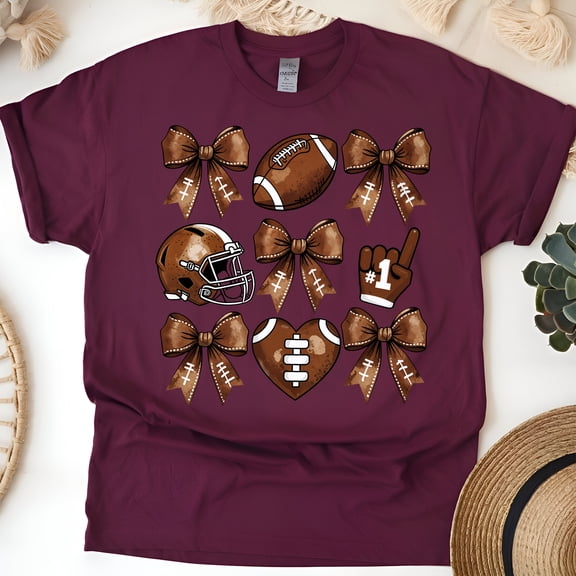 Football Bow Grid Shirt | Cute Game Day Tee with Helmet and Ball Design, Maroon, Size XL