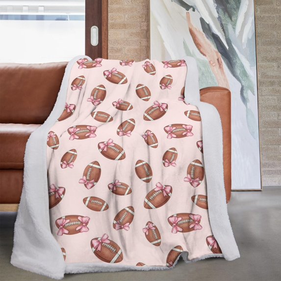 Football Bow Pink Pattern Soft Sherpa Fleece Throw Blanket, Warm Cozy Plush Blanket for Sofa Bed Couch, All Season, 60"x80"