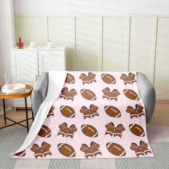 Football Bow Pink Sherpa Fleece Throw Blanket for Bed Couch Sofa