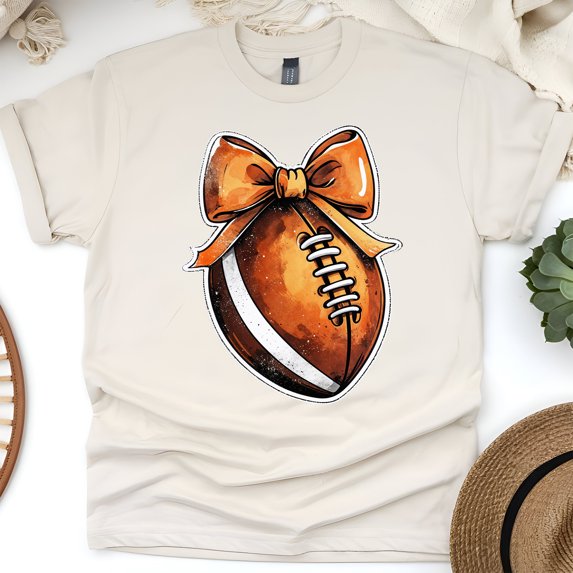Football Bow T-Shirt | Cute Orange Game Day Graphic Tee for Women, Natural, Size 2XL