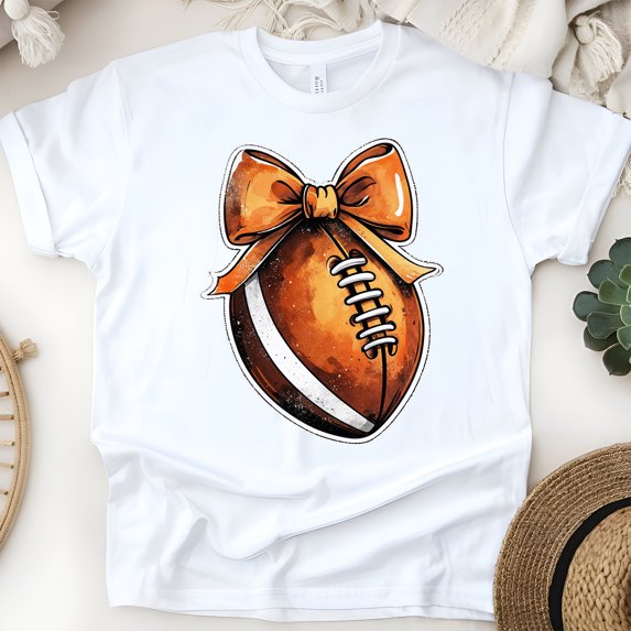 Football Bow T-Shirt | Cute Orange Game Day Graphic Tee for Women, White, Size S