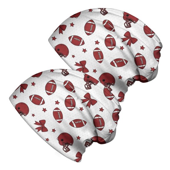 Football Bow White Pattern 2 Pack Slouchy Beanie Hat, Sleep Head Cover with Stretchy Fabric & Soft Texture, Lightweight Flexible Gifts for Birthday Christmas Thanksgiving