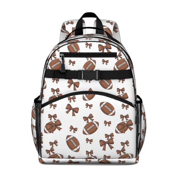Football Bow White Pattern Cute School Backpack Bag for School with Padded Back and Adjustable Shoulder Straps 15.25"x11.5"x5.25"