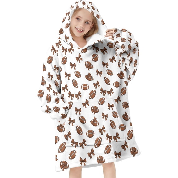 Football Bow White Pattern Teens Oversized Sherpa Wearable Blanket Hoodie, Hooded Blanket Sweatshirt with Large Pockets