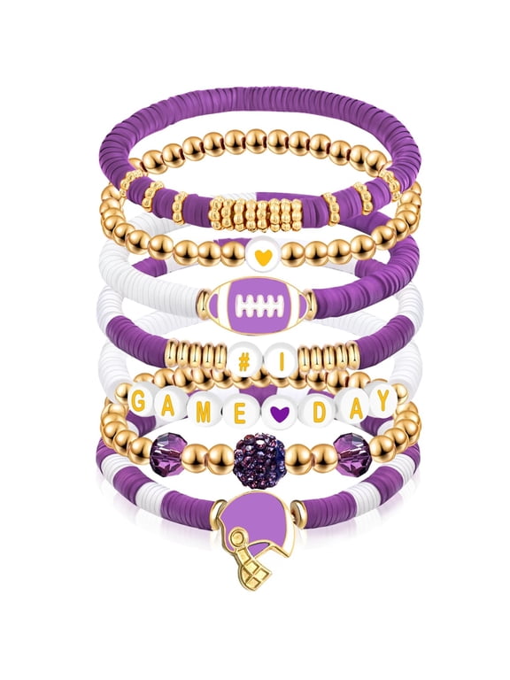 Football Bracelet Set, 7 Piece Game Day Beaded Stretch Bracelets with Football Charms and Helmet
